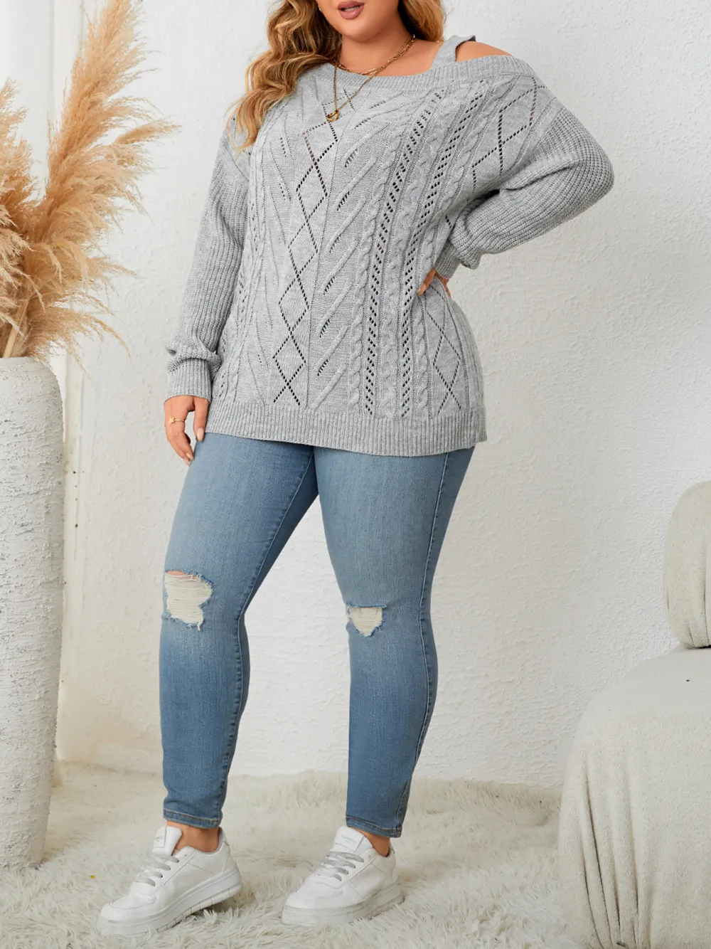 Women Plus Size Knitted Sweater Long Sleeve Off Shoulder Top