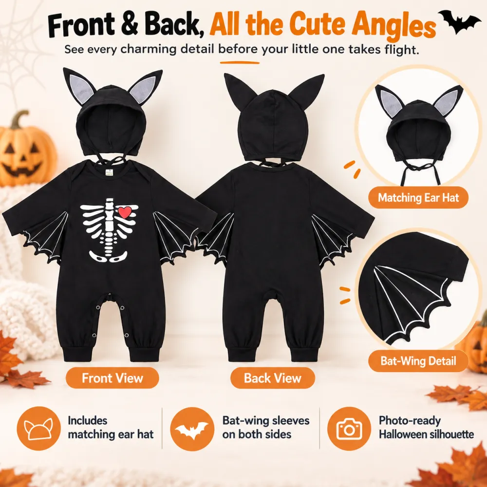 Halloween Skeleton Print Baby Romper Bat Costume Pumpkin Onesie with Hat
