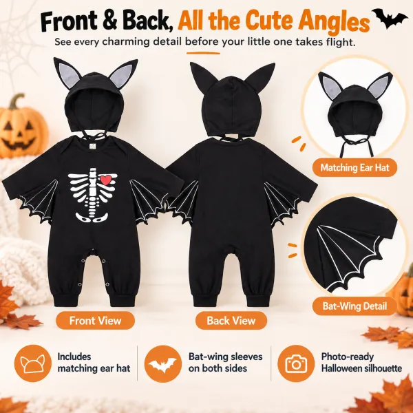 Halloween Skeleton Print Baby Romper Bat Costume Pumpkin Onesie with Hat