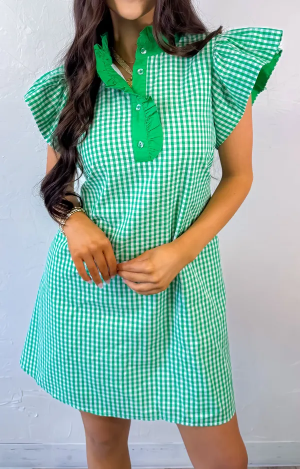 Gingham Ruffle Button Casual Dress