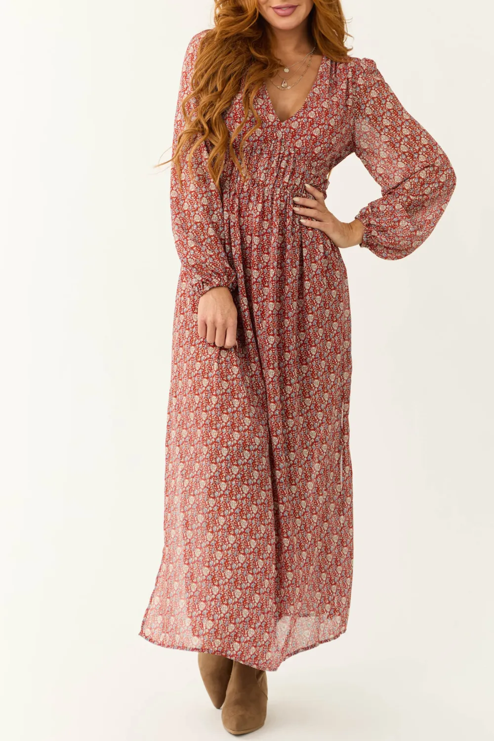 Burgundy Ditsy Floral Print Maxi Dress