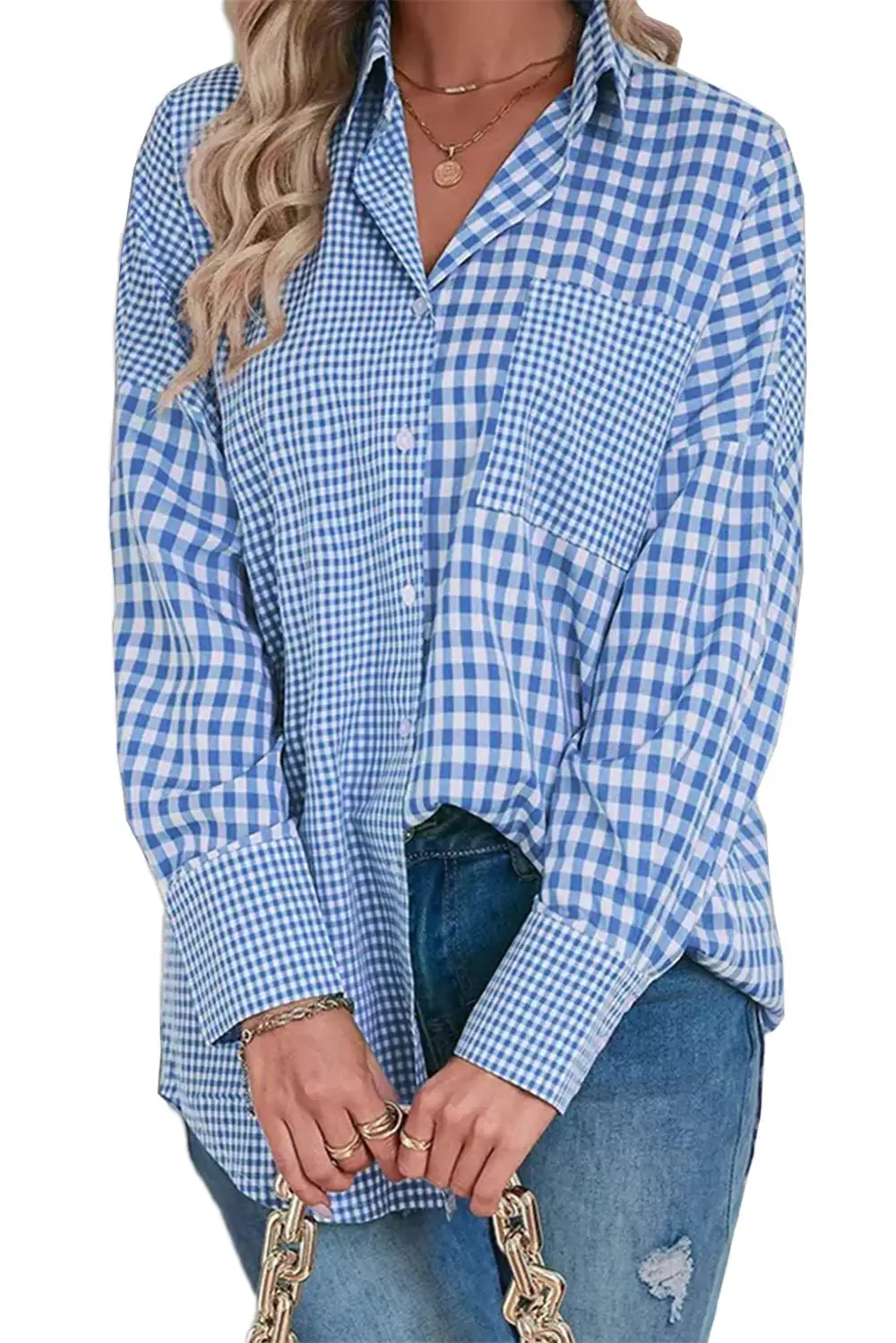Sky Blue Stripe Plaid Patchwork Button Up Long Sleeve Shirt