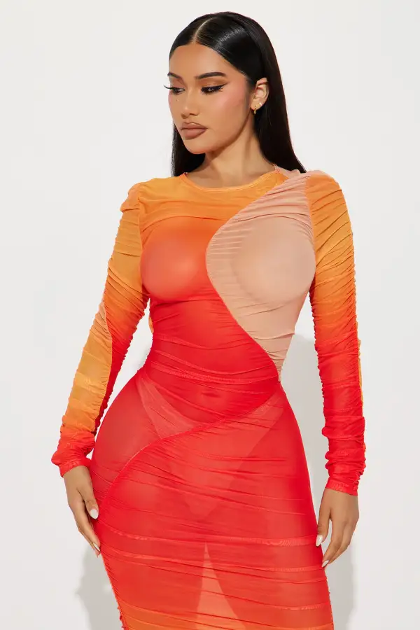 Sunset Views Mesh Midi Dress - Red/combo