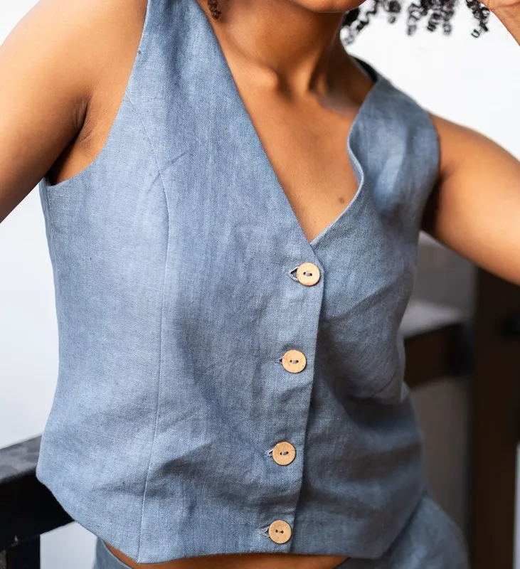 Denim Blue Heavy Linen Matching Set with Waistcoat & Panelled Pants