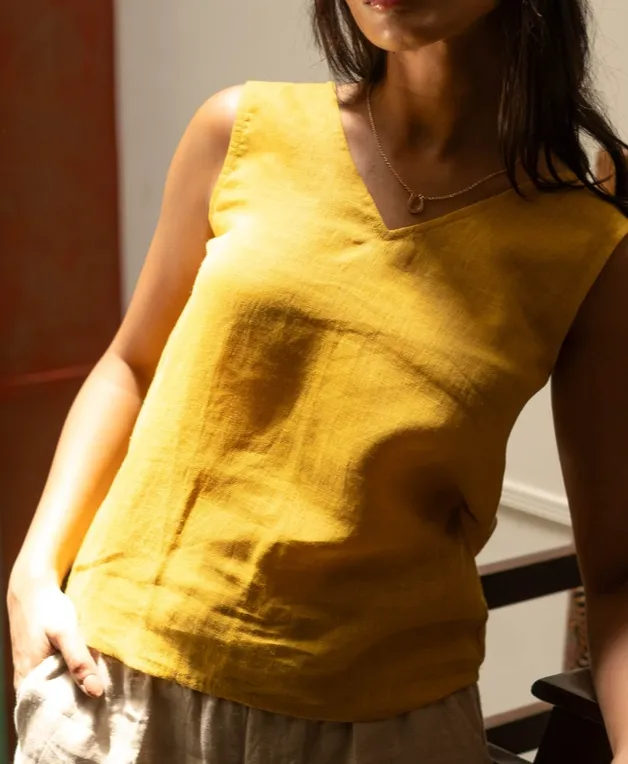 Mustard Linen V-Neck Tank