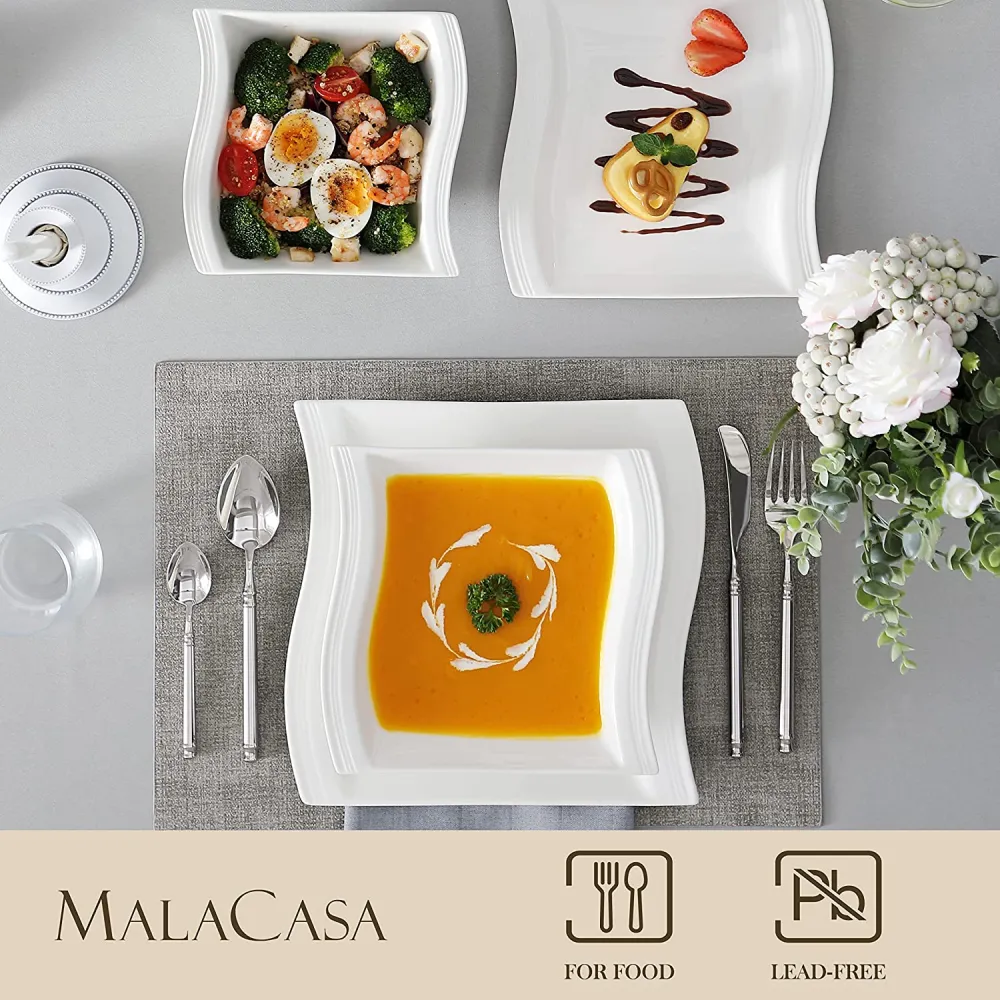 MALACASA Ivory White Dinnerware Sets, 60-Piece Square Dish Set for 12, Porcelain Dishes with Dinner Plates, Dessert Plates and Soup Plates, Cups and Saucers, Modern Dinnerware Oven Safe, Series Flora