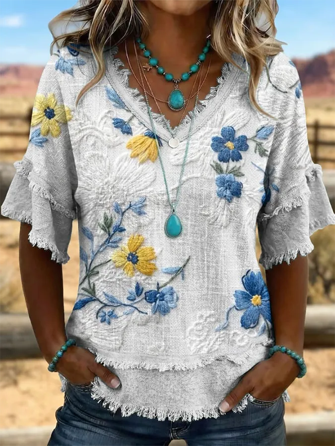 Women'S Vintage Art Patchwork Cotton And Linen Shirt