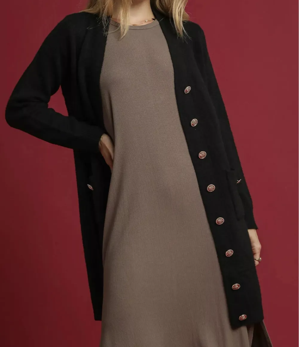 Button-Down Longline Sweater Cardigan With Front Pockets