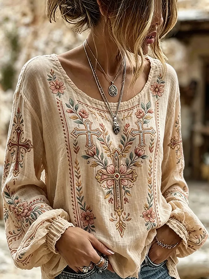 Women's Cross Floral Embroidered Western Long Sleeve Blouse