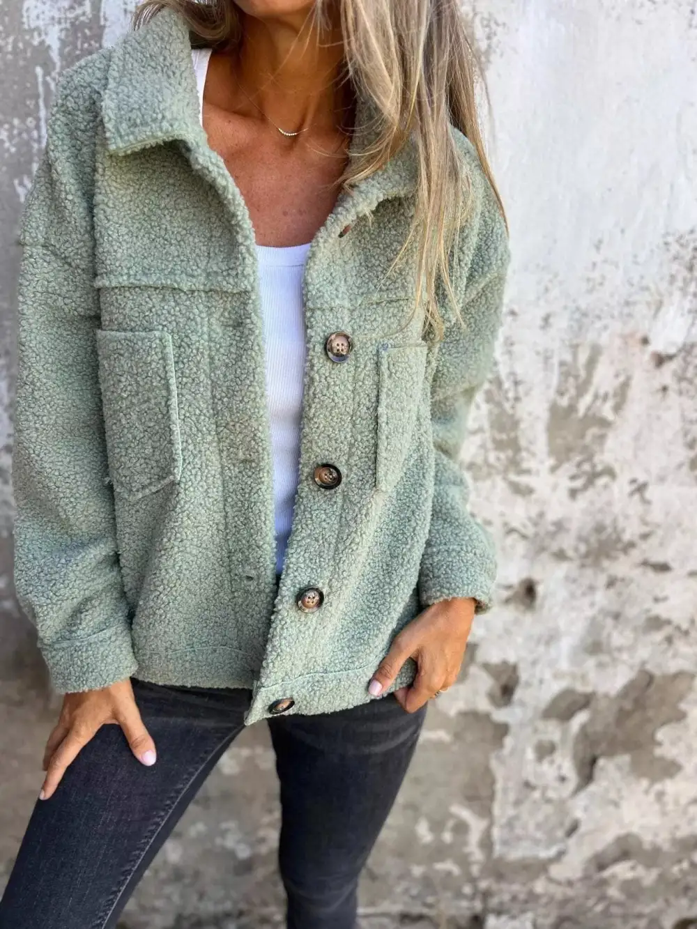 Full Size Single-breasted Sherpa Shacket Plus Size