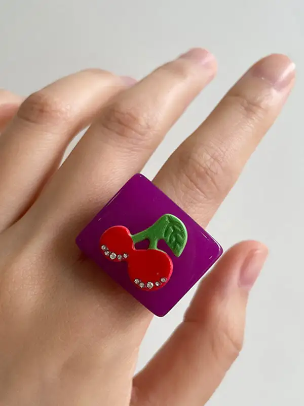 Geometric Fruit Motif Rhinestone Ring