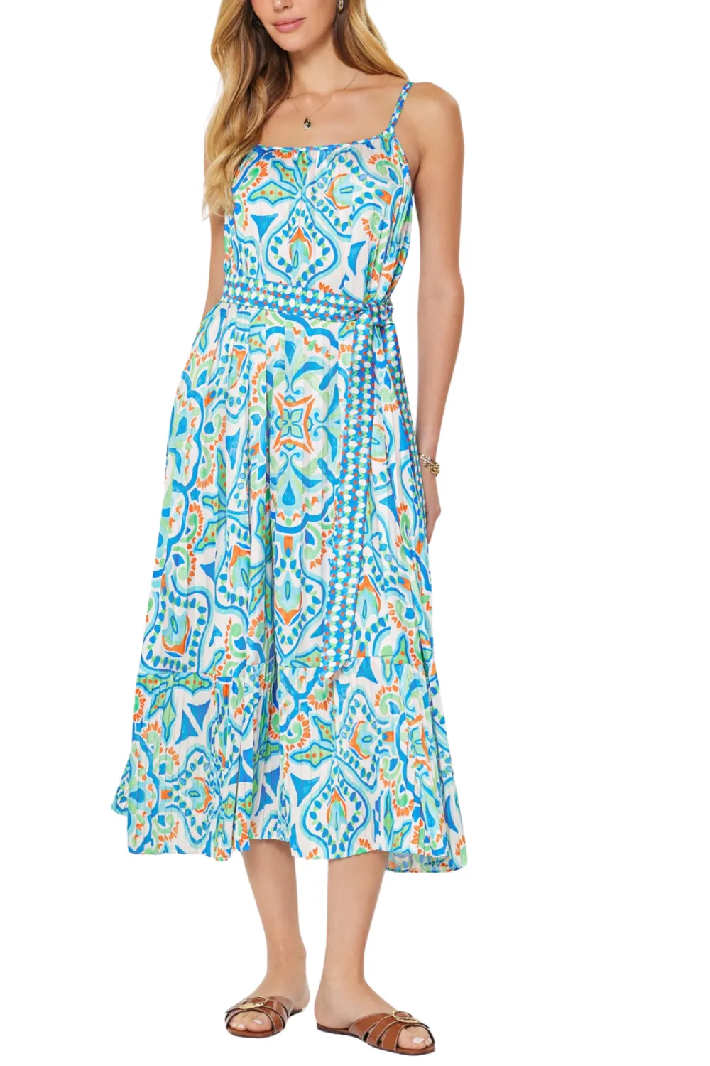Sleeveless Tiered Pleated Midi Dress