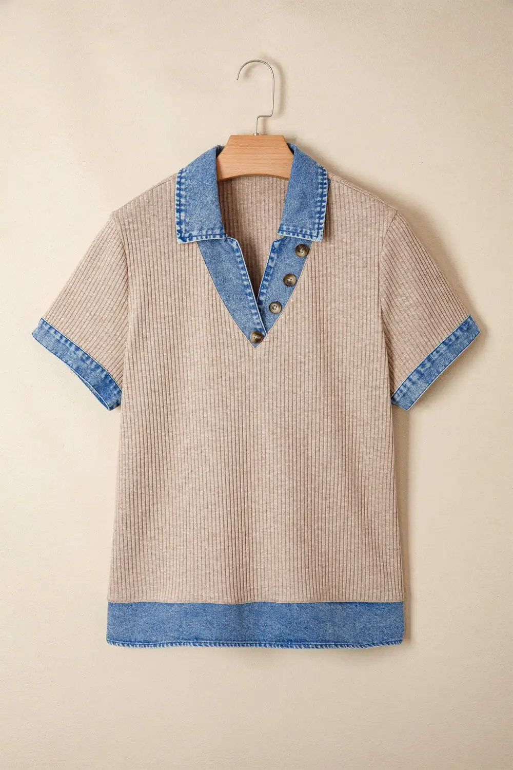 Beige Ribbed Knit Denim Color Block Patchwork Button Detail Collared Blouse