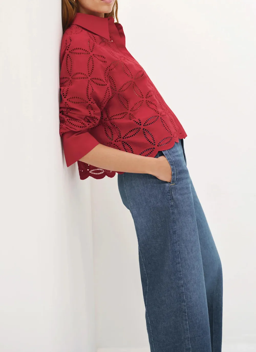 Casual Style Broderie Cropped Shirt