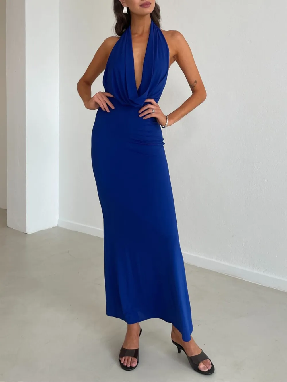 Backless Cowl Neck Maxi Dress