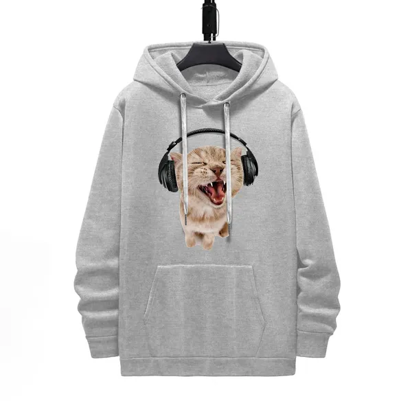 CUTE CAT LISTENING MUSIC PATTERN PRINTED HOODIE
