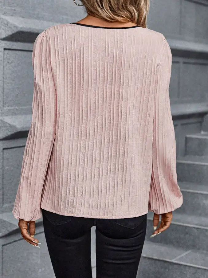 Pleated V-Neck Long Sleeve Blouse