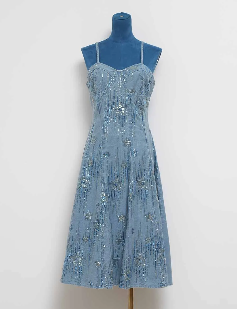 Sequin Sweetheart Neckline Sleeveless Denim Midi Dress