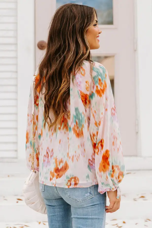 Abstract Print Puff Sleeve Split Neck Blouse