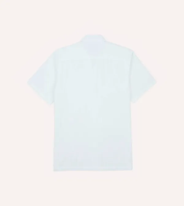 White Cotton-Linen Seersucker Camp Collar Short Sleeve Shirt Casual Style