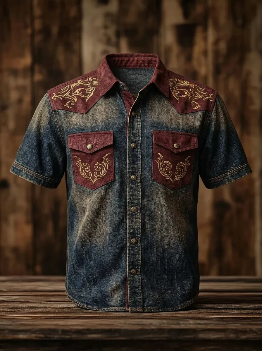 Men's Western Style Floral Embroidery Denim Printed Shirt-2