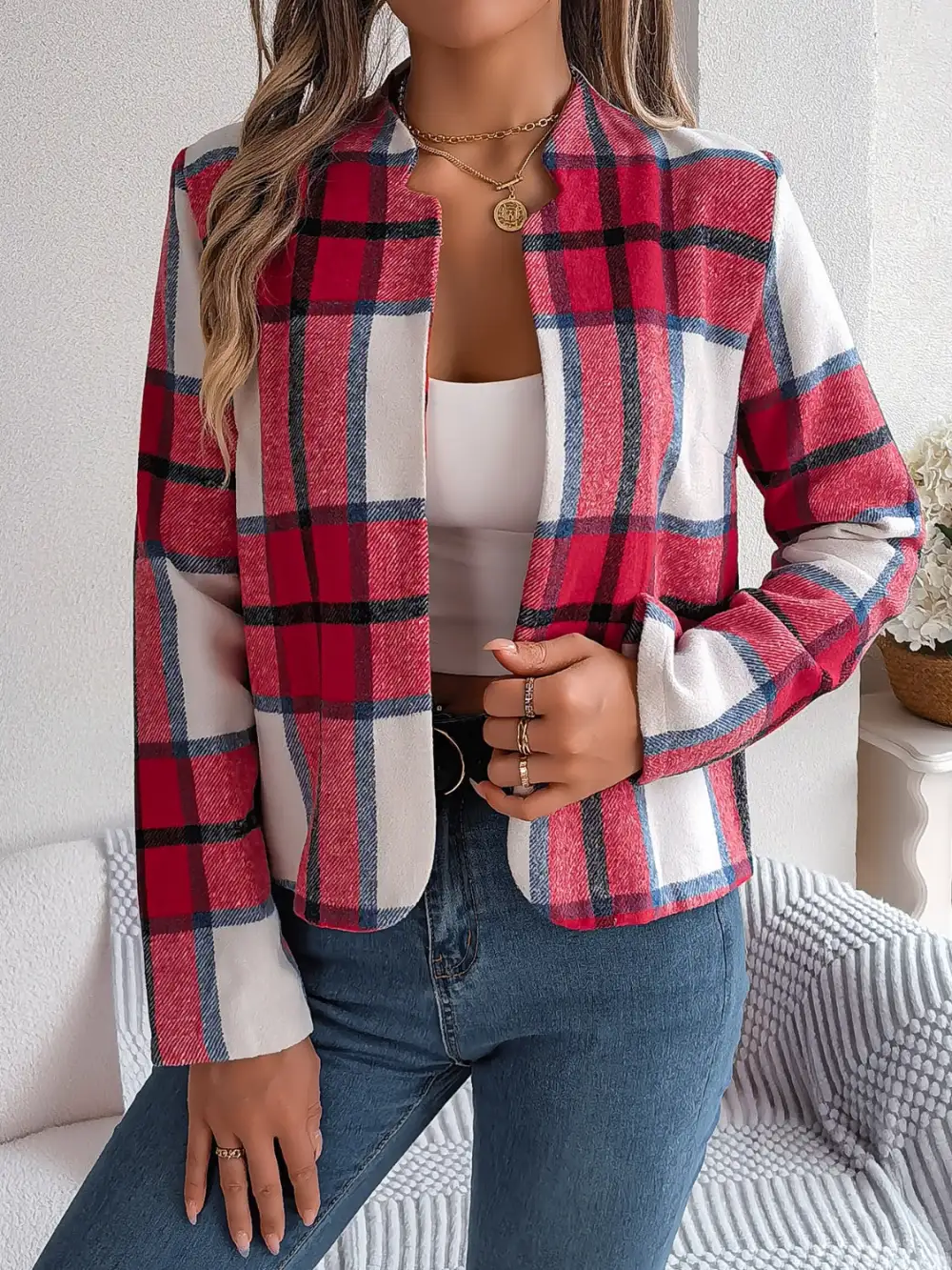Plaid Open-front Long-sleeve Jacket