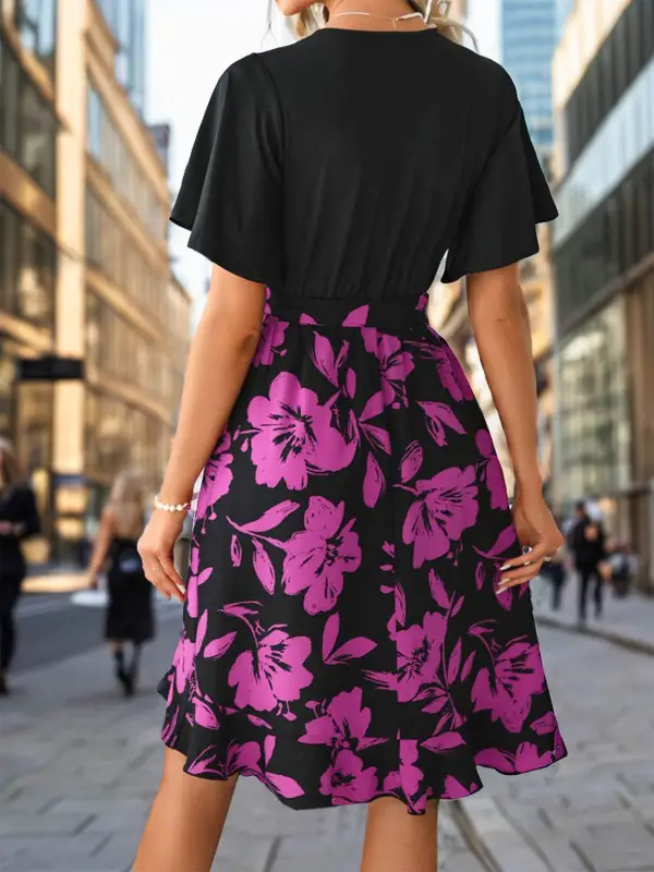 Printed Surplice Short Sleeve Casual Dress