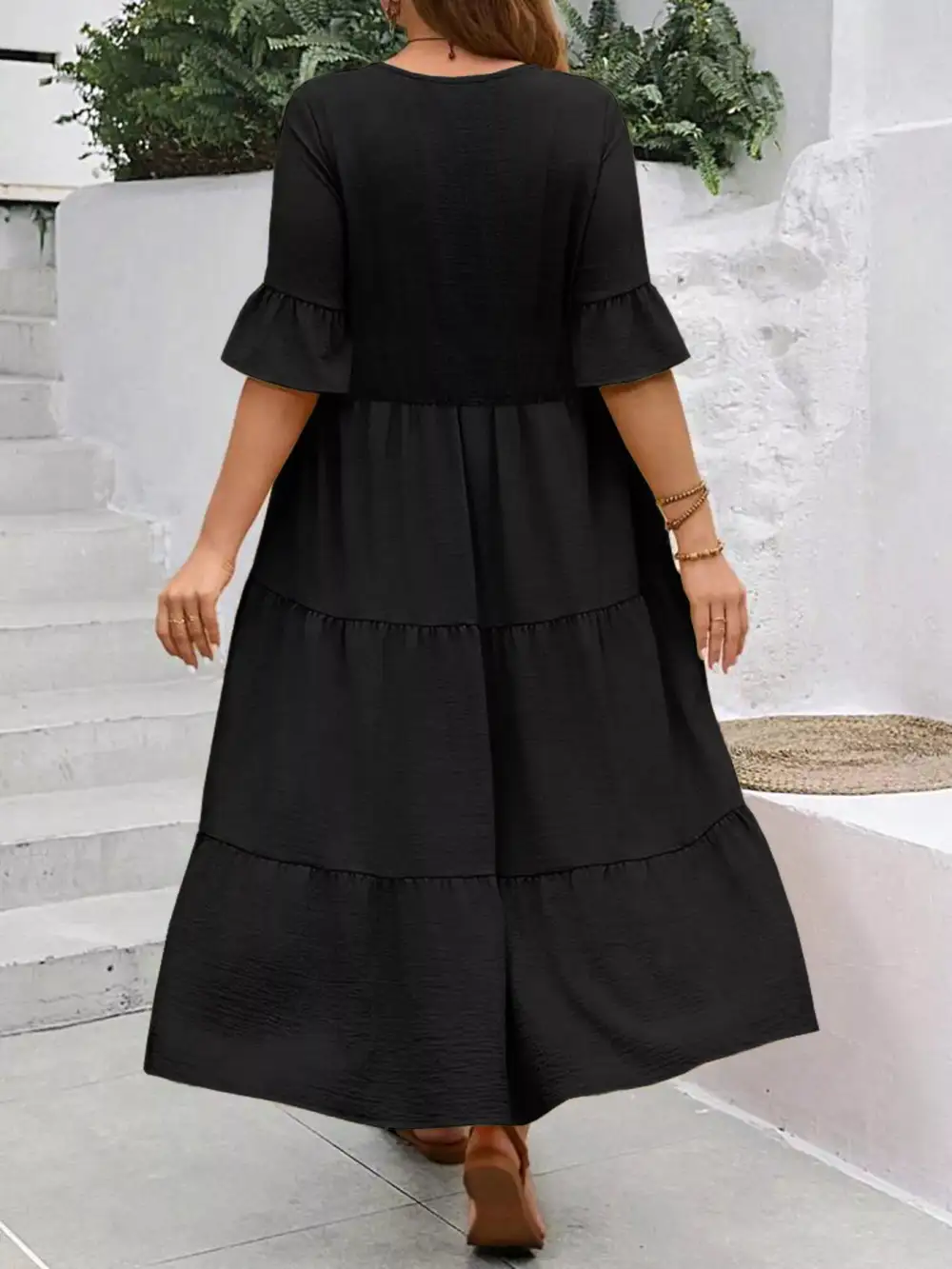 Plus Size Ruffle Sleeves Tiered Midi Dress