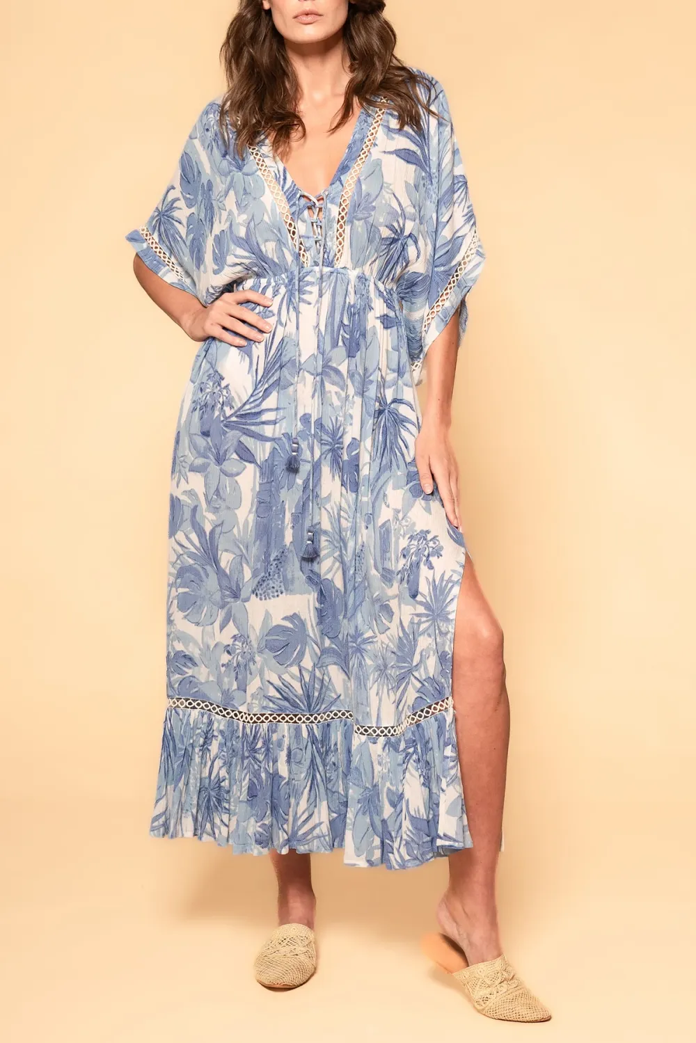 Blue And White Tropical Print V Neck Maxi Dress