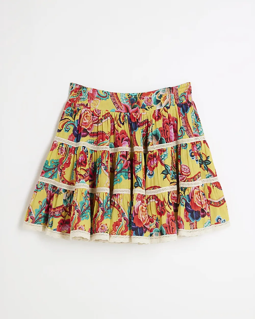 Yellow Cotton Art Print Pleated Skirts