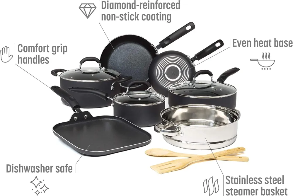 Cookware Set with Premium Non-Stick, Dishwasher Safe Pots and Pans, Tempered Glass Steam Vented Lids, Stainless Steel Steamer, and Bamboo Cooking Utensils Set, 12-Piece, Charcoal Gray