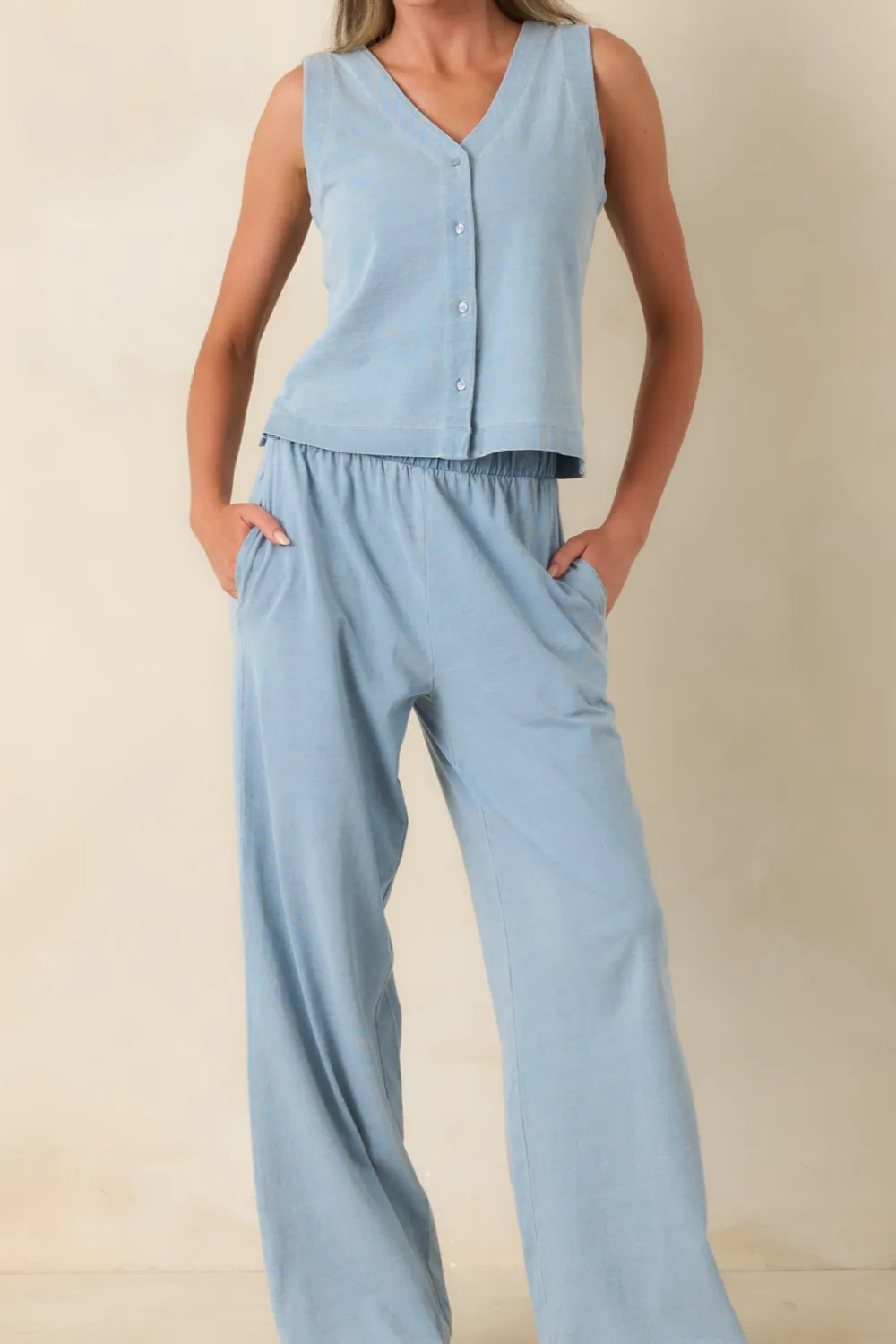 Light Denim Cotton Wide Leg Pants