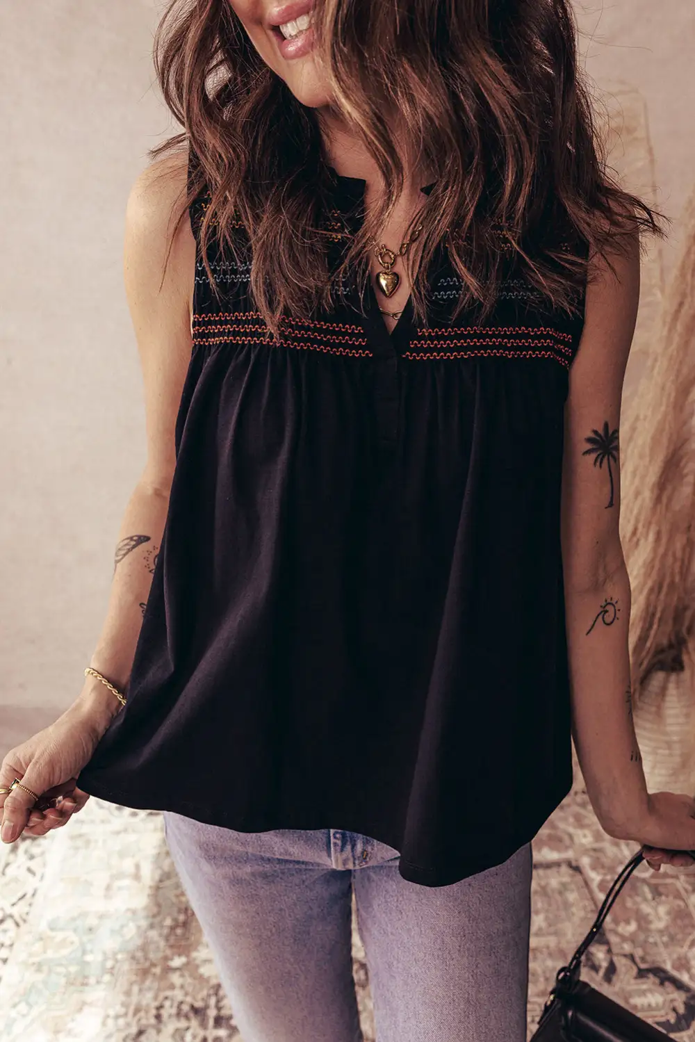 Shirred Yoke Notched V Neck Tank Top