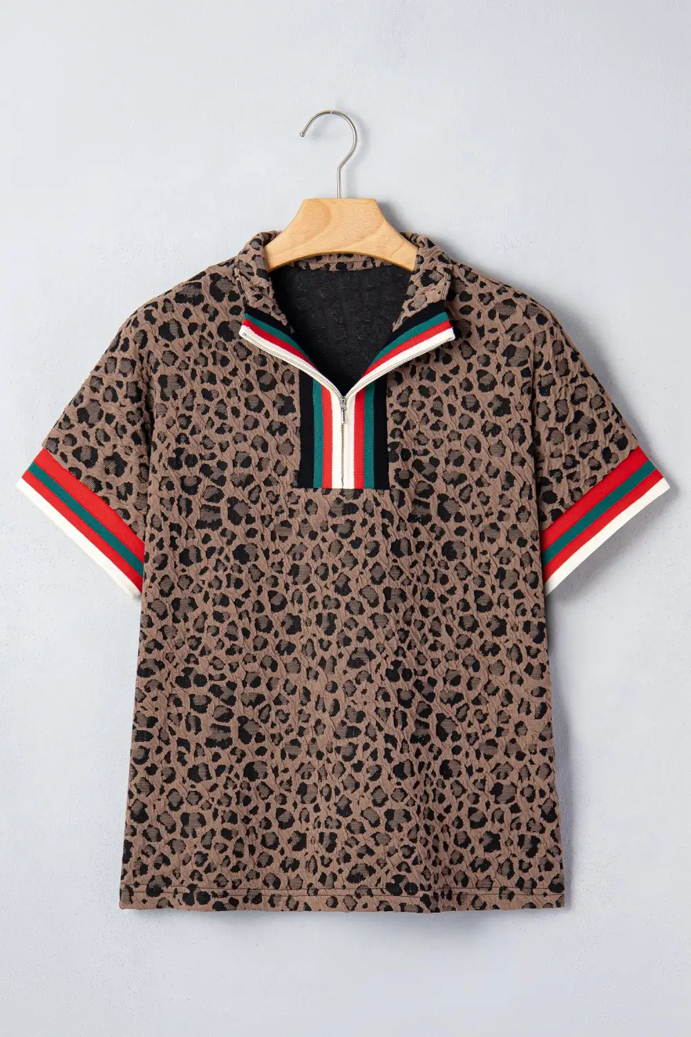 Brown Leopard Jacquard Striped Patchwork Half Zip Short Sleeve Blouse