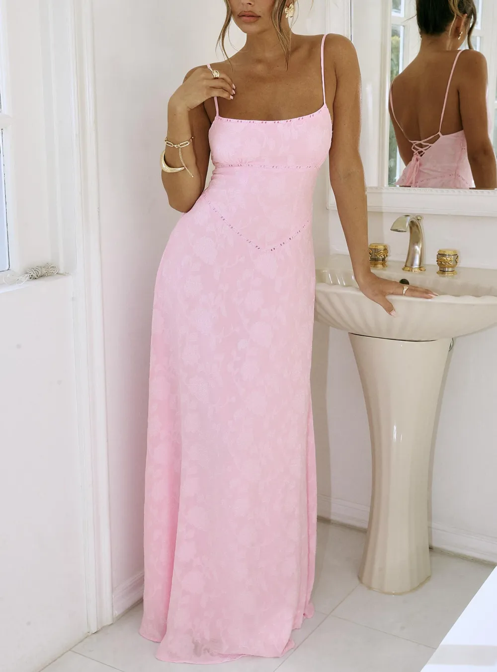 Mesh Detail Lace Detail Maxi Dress
