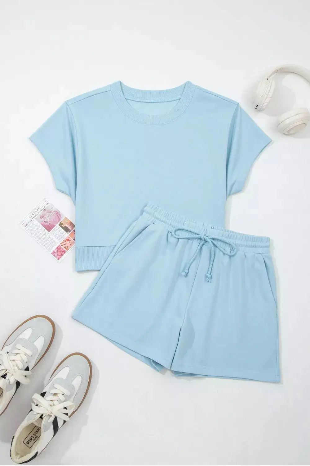 Solid Color Loose Tee Drawstring Shorts 2Pcs Outfit Set