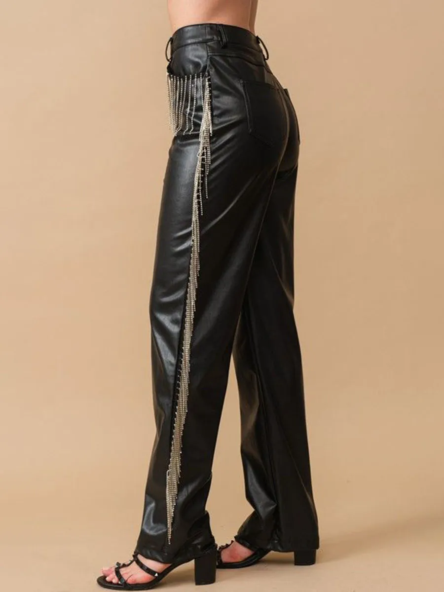 Rhinestone Fringe Leather Pants