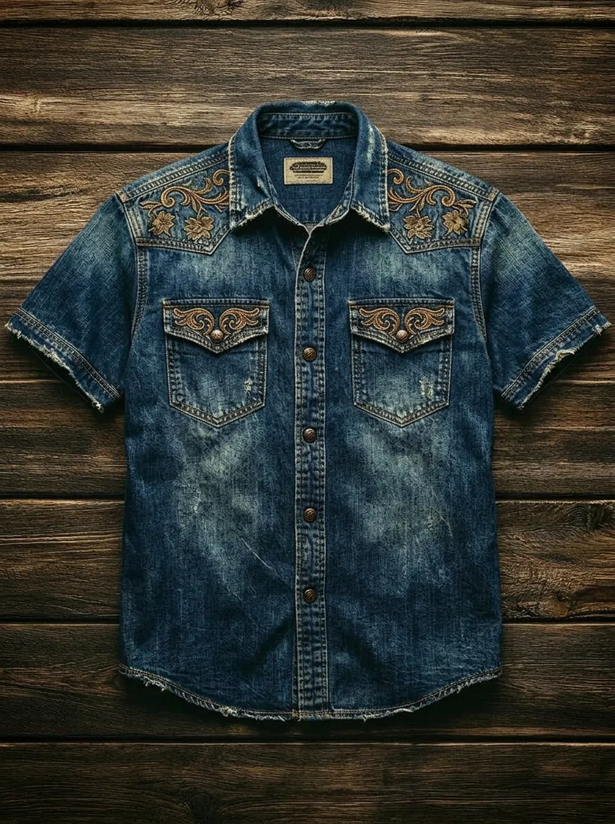 Men's Western Style Floral Embroidery Distressed Denim Shirt
