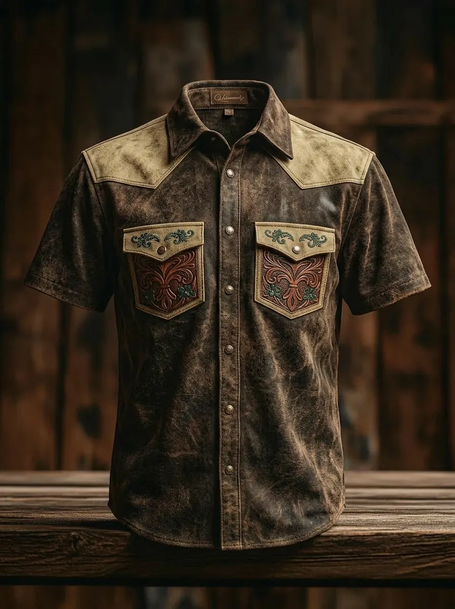 Men's Western Style Floral Tooled Leather Pattern Printed Shirt