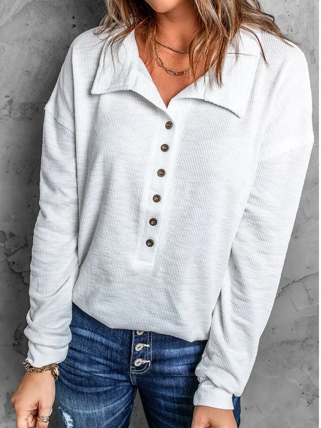 Navy Button Front Long Sleeve Henley Top