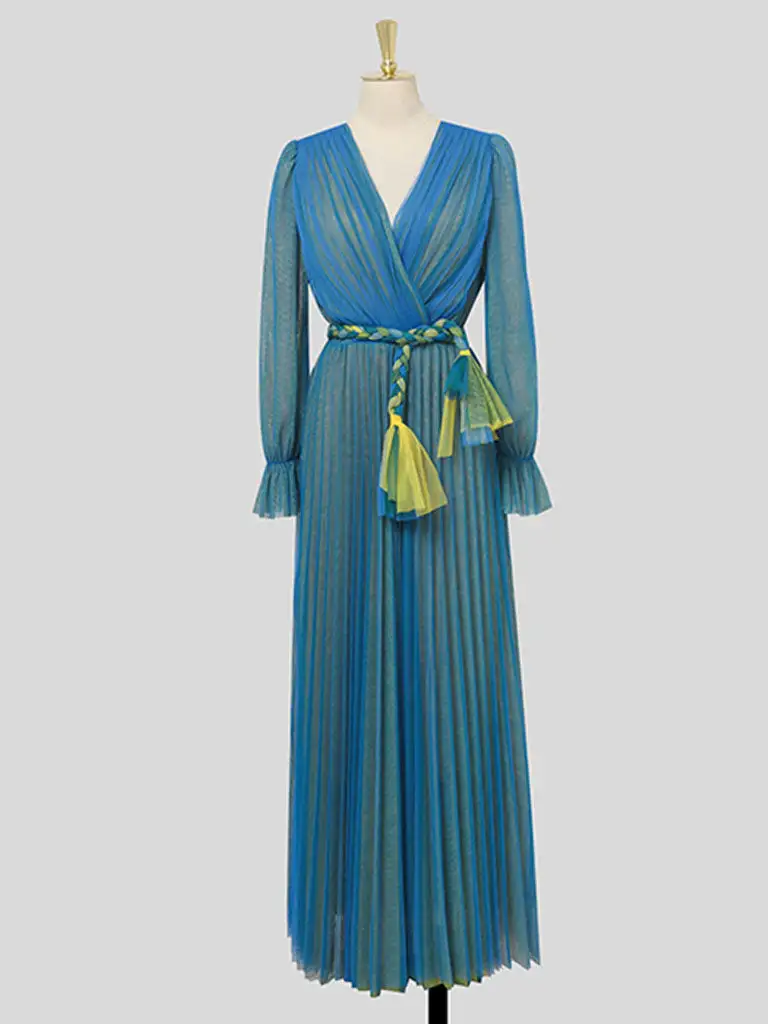 Pleated Lantern V Neck Long Dress