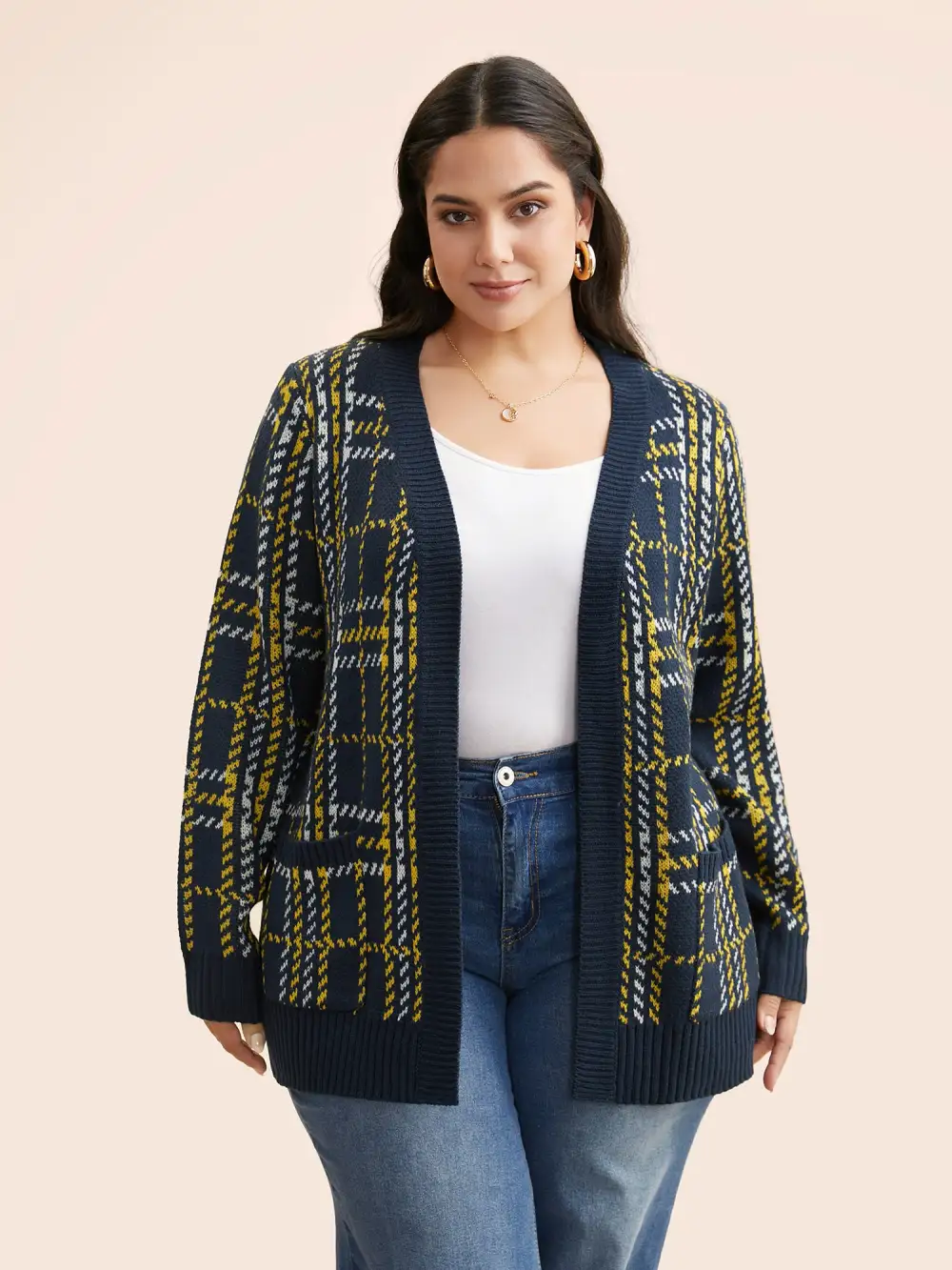 Kimono Collar Plaid Pocket Cardigan