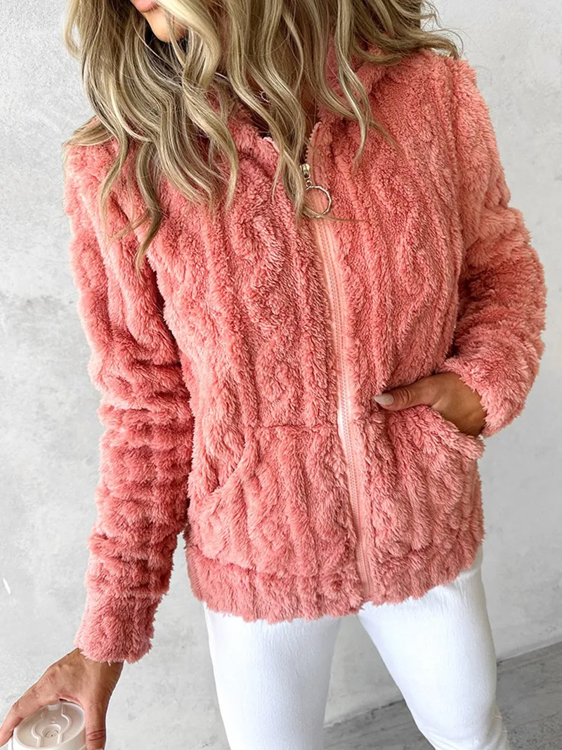 casual solid color plush hooded jacket