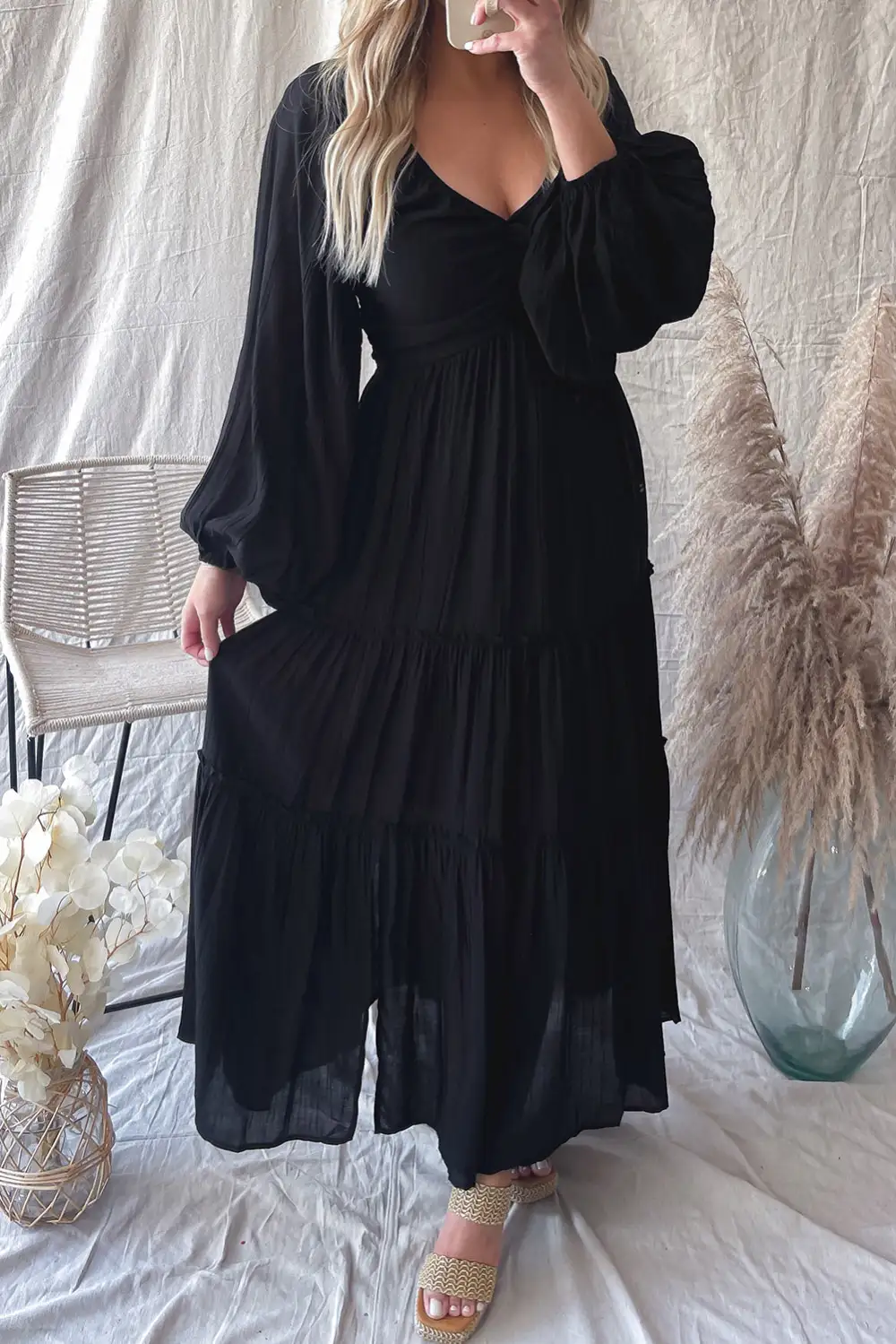 V-Neck Bowknot Cutout Frill Tiered Maxi Dress