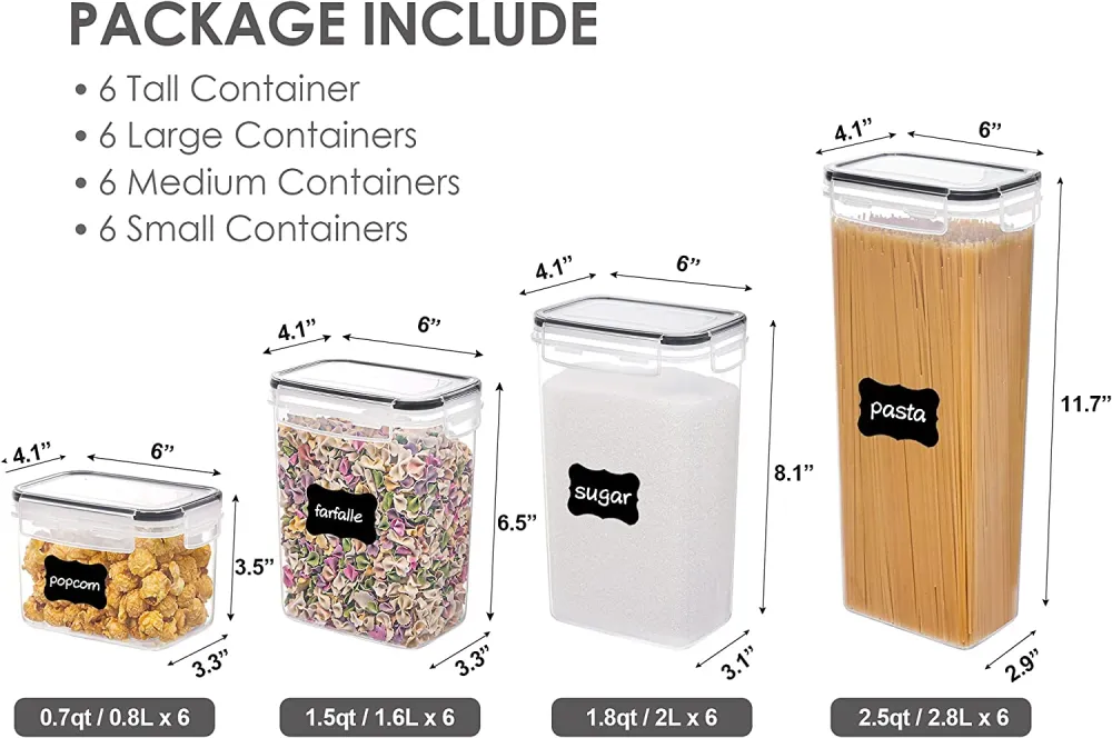 Airtight Food Storage Containers with Lids, 24 pcs Plastic Kitchen and Pantry Organization Canisters for Cereal, Dry Food, Flour and Sugar, BPA Free, Includes 24 Labels