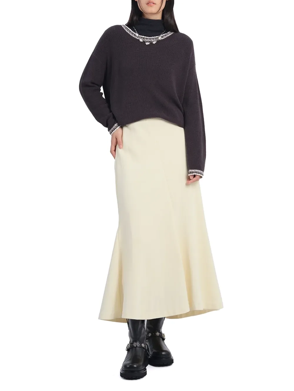 Textured Trim Oversized Knit Sweater