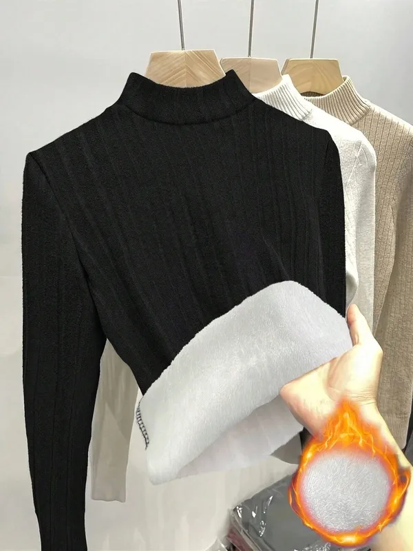 Women's Colorblock Plain Rib-knit Stand-Collar Blouse