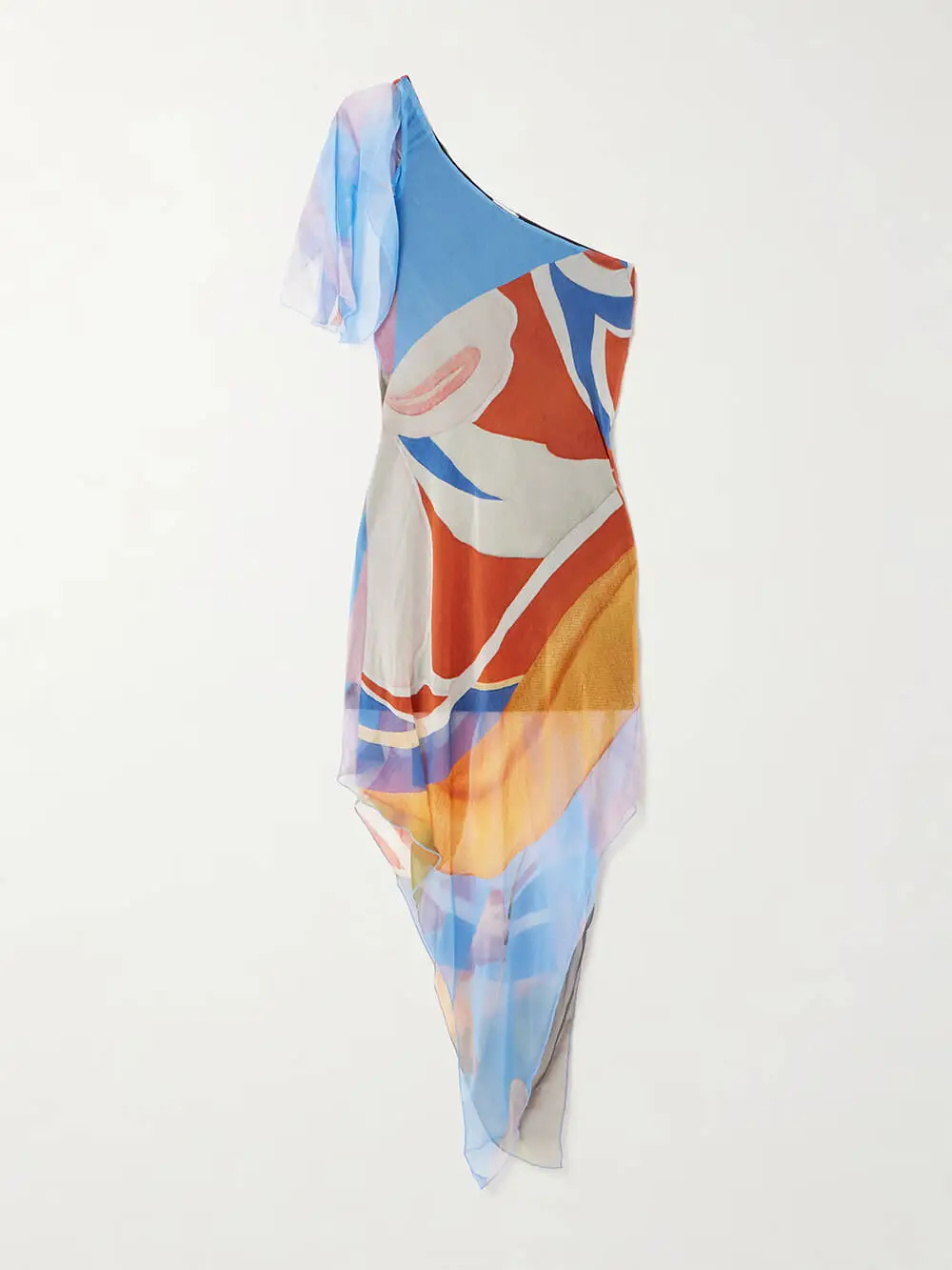 One Shoulder Asymmetrical Print Chiffon Midi Dress