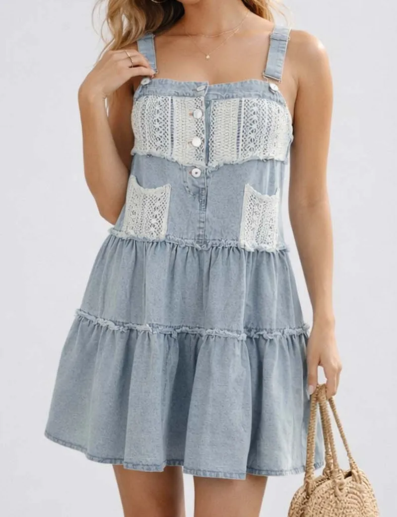 Lace Panel Two Strap Pocket Sleeveless Denim Dress