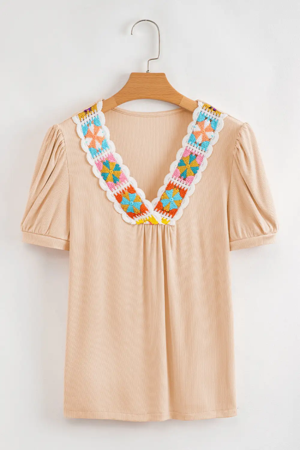 Pale Chestnut Crochet Floral V Neck Textured Short Sleeve Blouse